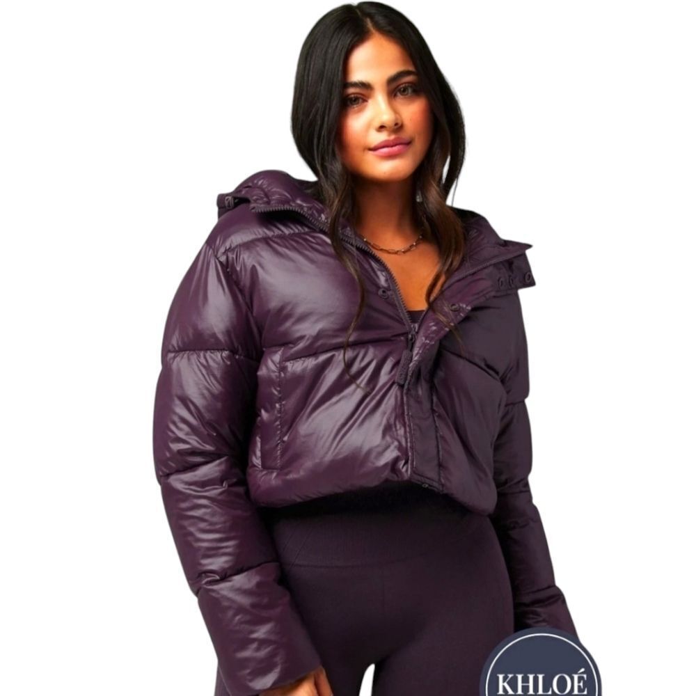 FABLETICS 3X DEEP PLUM Essential Cropped Hooded Puffer Jacket With Pockets NWT